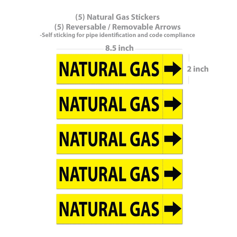 [Australia - AusPower] - (5 Pack) Natural Gas Pipe Labels Stickers with Arrows | Self Sticking 6mil PVC Natural Gas Pipe Markers for Pipes, Inspections, Detector, Regulator Heaters | 8.5 x 2 inch 