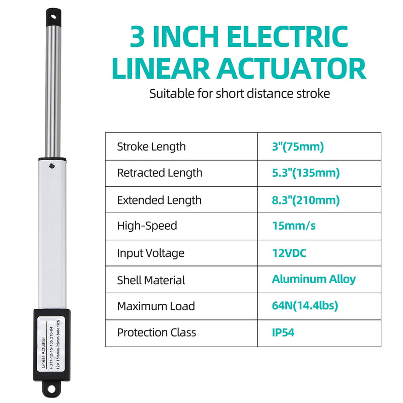 NORJIN 12V Mini Electric Linear Actuator 3" Stroke, 64N/14lbs, Speed 15mm/s, Linear Motion Actuators w/Mounting Brackets, for Sofa, TV, Table, Cabinets, Window Opener, Robotics, Home Automation 3 Inch