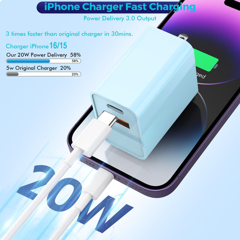 10 Foot Fast iPhone Charging Cable,2Pack 20W Dual Port USB C+A Wall Charger Block with 10FT Type C-C Charging Cable Apple Adapter for iPhone 17/17 Air/17 Pro/16/16e/16 Pro Max/15 Pro/iPad(Purple/Blue) 10FT C-C Purple/Blue 2
