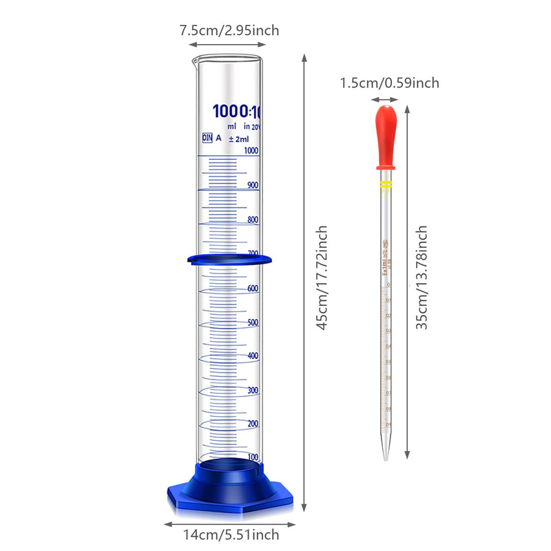 Thick Glass Graduated Cylinder Measuring Liquid Lab Cylinders with Anti-falling Plastic Base and Bumper Guard (glass, 1000ML)