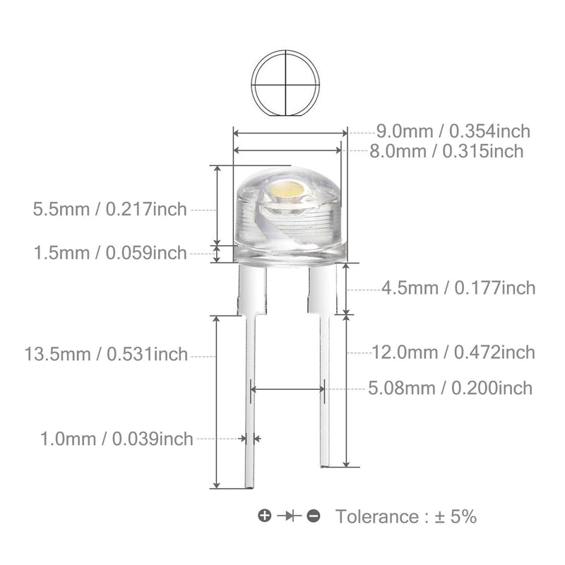 CHANZON 50 pcs 8mm White LED Diode Lights (Straw Hat Clear Transparent DC 3V 250mA) Bright Lighting Bulb Lamps Electronics Components Indicator Light Emitting Diodes A) White (50pcs)