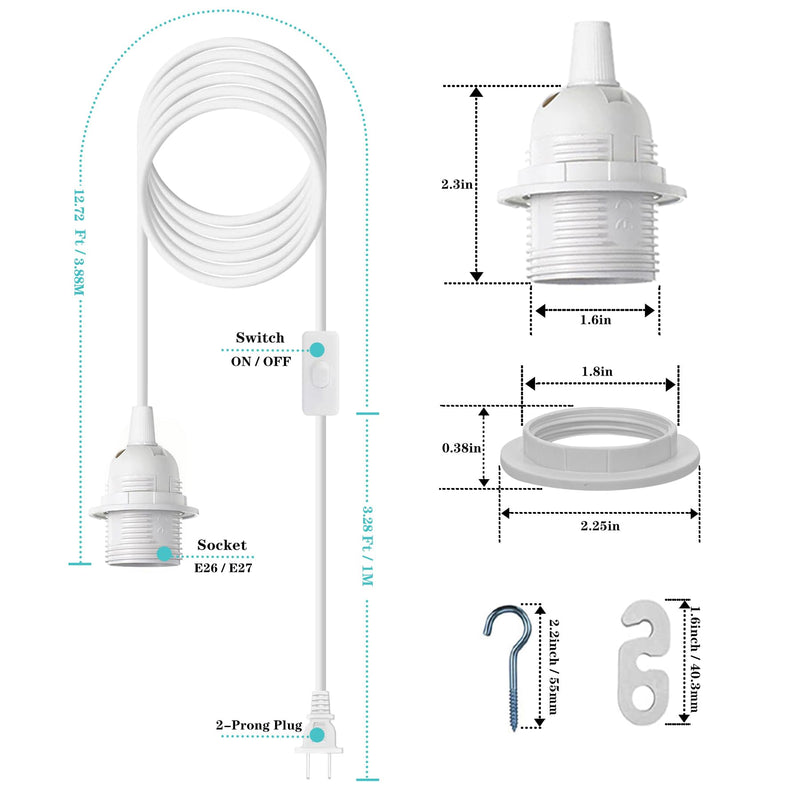 [Australia - AusPower] - Plug in Light Socket - 16Ft Pendant Light Cord Kit E26/E27 Light Socket Hanging Lantern Lamp Cord with On/Off Switch,Socket Rings, 2 Pack, White 16FT-White-2Pack 
