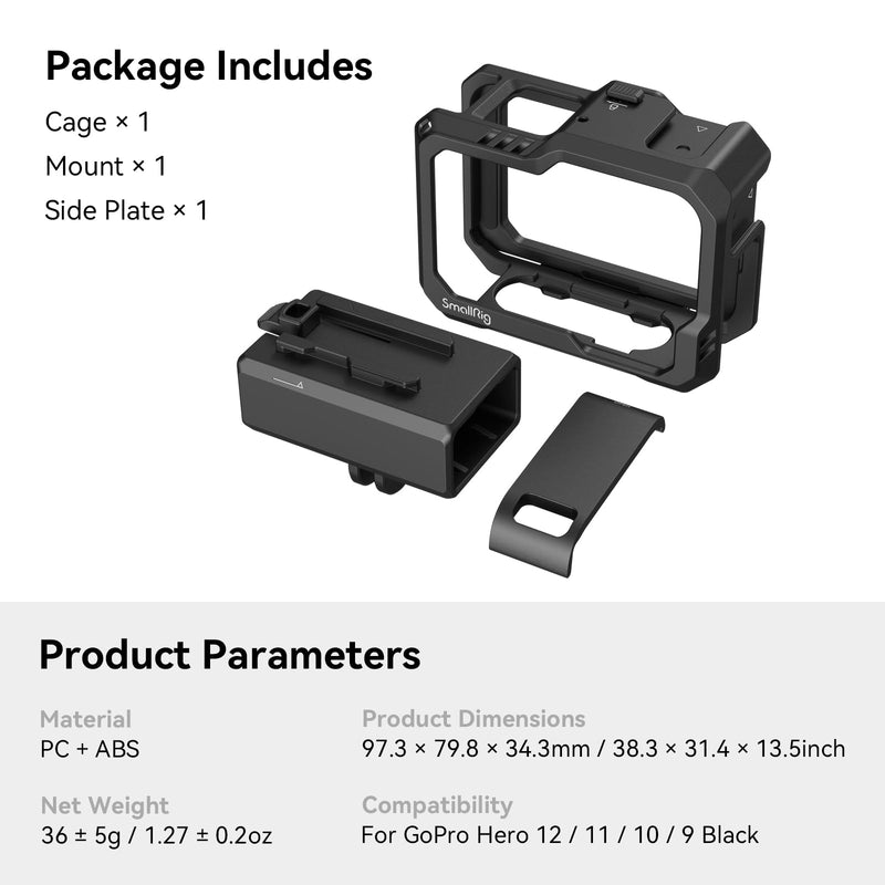[Australia - AusPower] - SmallRig Hero12 / Hero11 / Hero 10 / Hero 9 Black Cage for GoPro, with 2 Cold Shoe Mount for GoPro Light Mod and Common Microphone, Led Video Light - 3083C 