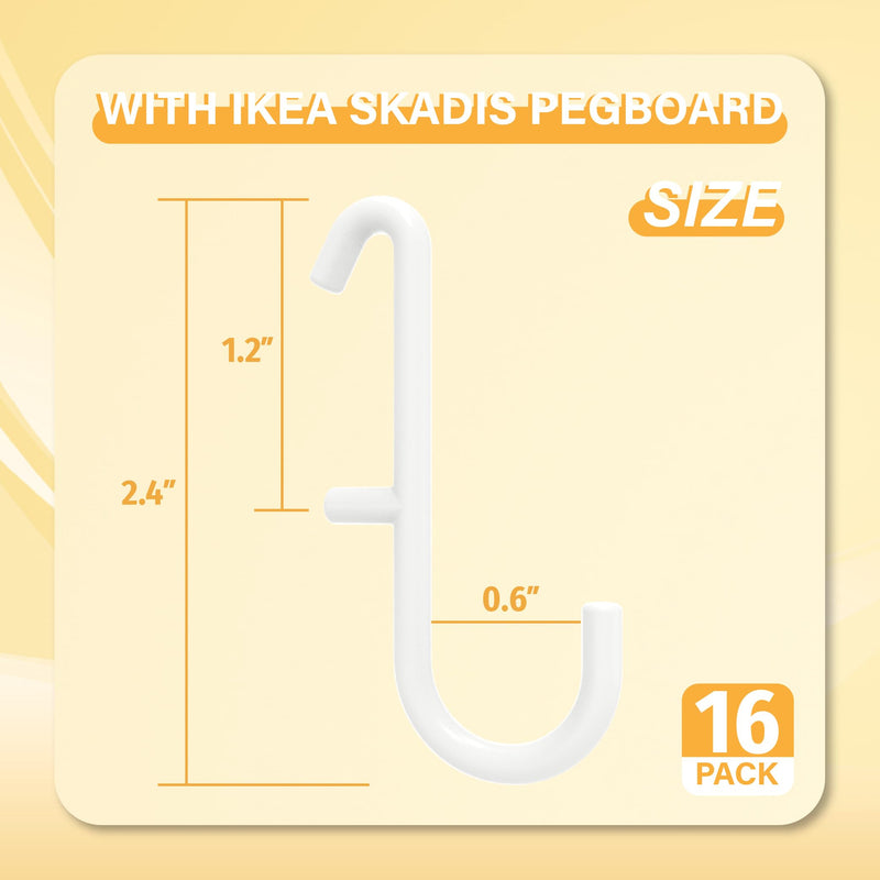 [Australia - AusPower] - Pegboard Hooks ONLY for IKEA Skadis Pegboard, White, Pegboard Accessories, Compatible with IKEA SKADIS Pegboard, 16 Pack White S Hook 