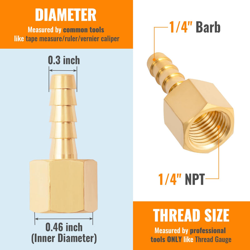 [Australia - AusPower] - SUNGATOR 1/4'' Female Hose Barb Fitting, 1/4 Inch Barb × 1/4 Inch NPT Female Brass Hose to Barb Adapter, Barbed 1/4'' Female NPT Hose Connector with 2 Hose Clamps (2 PCS) 1/4" Barb x 1/4" NPT Female 2 Pack 