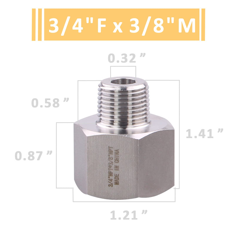 [Australia - AusPower] - Forged Reducer Adapter Fitting - Stainless Steel 304 Reducing Pipe Connector, 3/4" NPT Female x 3/8" NPT Male (pack of 2) 3/4" FNPT x 3/8" MNPT(NPT size not actual diameter Pack of 2 