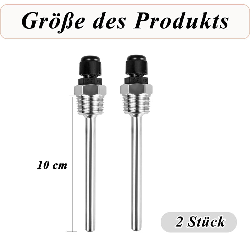 Pack of 2 Immersion Sleeve 1/2, 8 x 100 mm Stainless Steel Diving Sleeve 1/2 Inch Thread Thermowell Immersion Sleeves for Temperature Sensors Immersion Protection Tubes for Thermocouples Protective Tube for Temperature Sensors