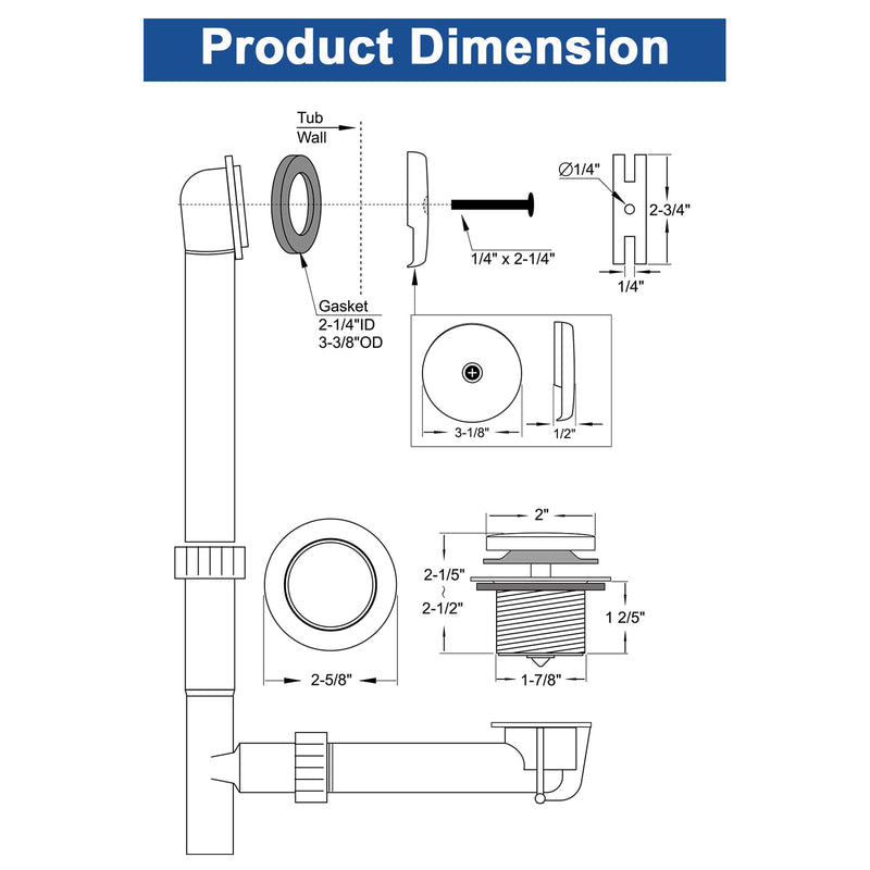 Brass Tip-Toe Tub Drain Kit with Basket Strainer and Single Hole Overflow Faceplate, Oil Rubbed Bronze 1-hole