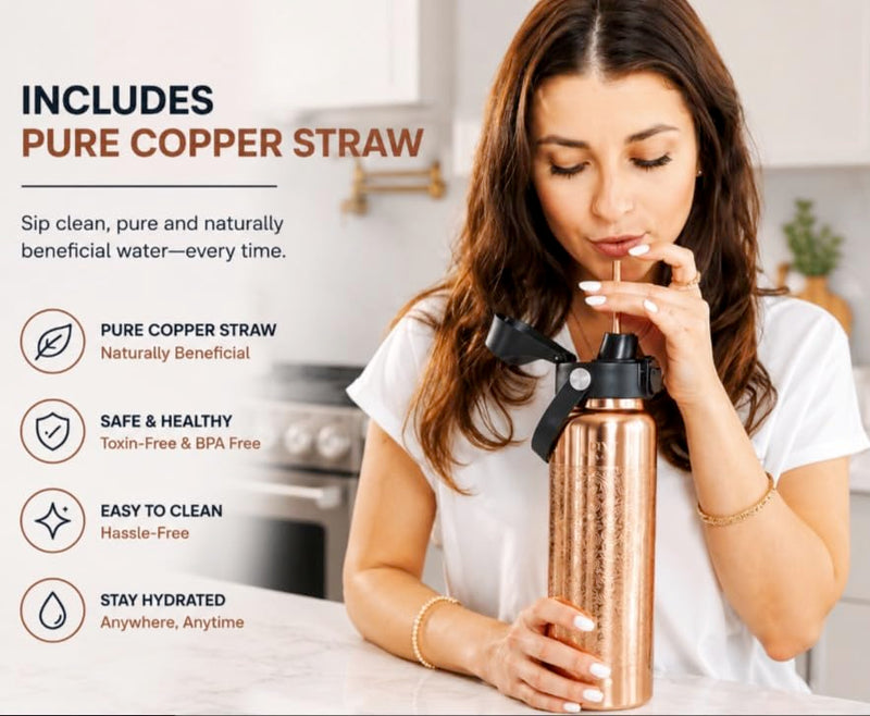 Kamojo Pure Copper Water Bottle for Drinking – Etched Handcrafted Design, Flip-Top Push Button Lid, Copper Straw & Insulating Sleeve – Ayurvedic Cup