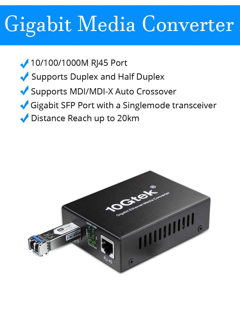 [Australia - AusPower] - Fiber to Ethernet Media Converter, Gigabit Single Mode SFP LC Converter, 1000Base-LX to 10/100/1000M RJ45, SMF, 1310nm, up to 20km (12.4miles) Single Mode: 20km 1 Pack 