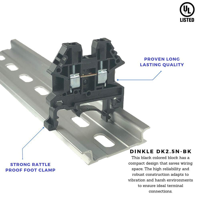 [Australia - AusPower] - Dinkle Black DK2.5N-BK DIN Rail Terminal Block Screw Type UL 600V 20A 12-22AWG, Pack of 100 