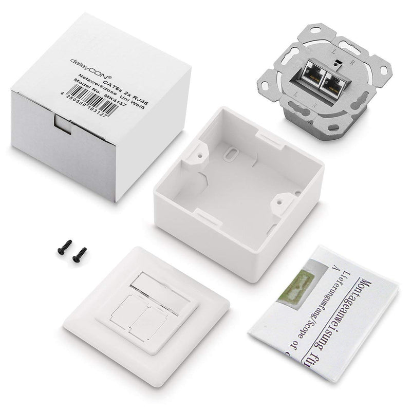 deleyCON CAT 6a Universal Network socket - 2x RJ45 Port - screened - Mounted/Flush - 10 Gigabit Ethernet Network - EIA/TIA 568A&B - White/Plain white | Universal, shielded, surface-mounted or flush-mounted, 10 Gigabit Ethernet network, EIA/TIA 568A&B