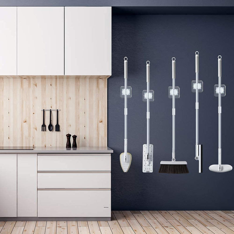 Pack of 4 Broom Holder Wall Self-Adhesive Mop Holder No Drilling Broom Holder Self-Adhesive Mop Holder Holder for Kitchens, Bathrooms (White)