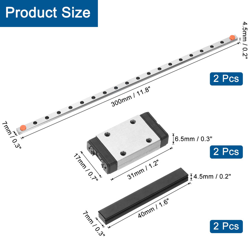 [Australia - AusPower] - uxcell 2pcs MGN7 300mm Linear Guide Rail with 2pcs MGN7H Sliding Carriage Block Bearing Steel and 2pcs Plastic Mini MGN12 Linear Guide for DIY 3D Printers and CNC Machine, Silver 