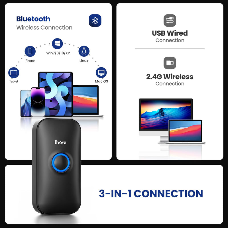 Eyoyo 1D Mini Bluetooth Barcode Scanner, 3-in-1 USB Wired & Bluetooth & 2.4G Wireless Barcode Reader Portable Bar Code Scanning Work with Tablets or Computers, Windows, Android, iOS