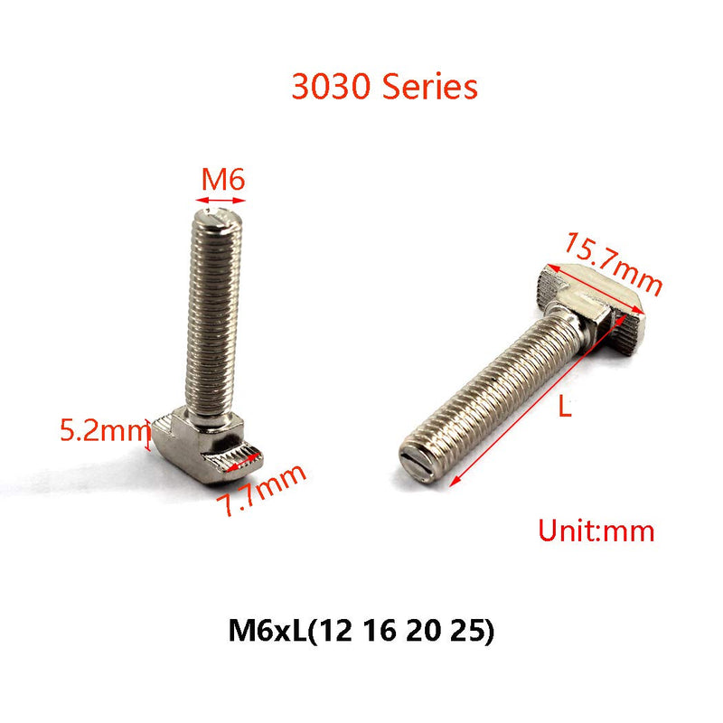 [Australia - AusPower] - M6x25 T Slot Bolt Carbon Steel Hammer Head Bolt for 3030 Series T Slot Aluminum Extrusion European Standard (30 Pieces) 3030 M6x25 