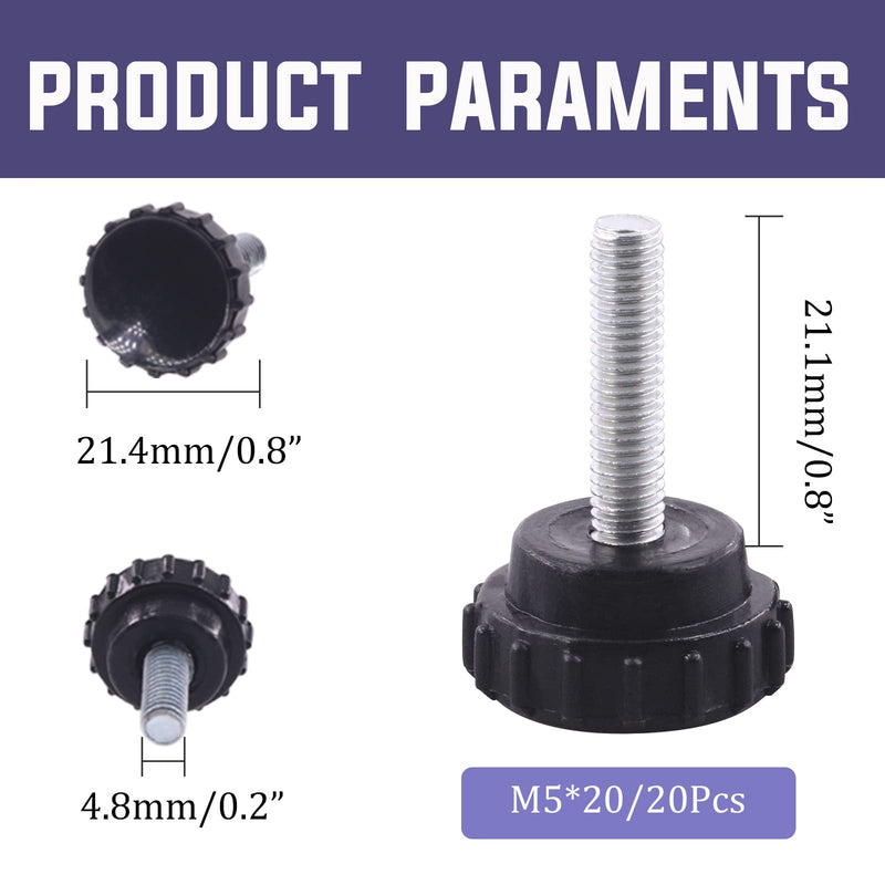 [Australia - AusPower] - Swpeet 20Pcs M5 x 20mm Black Round Male Thread Knurled Clamping Knobs Grip Thumb Screw Assortment Kit, Knurled Handle Bolts Grip for Quick Remove Screws Clamping Screws 