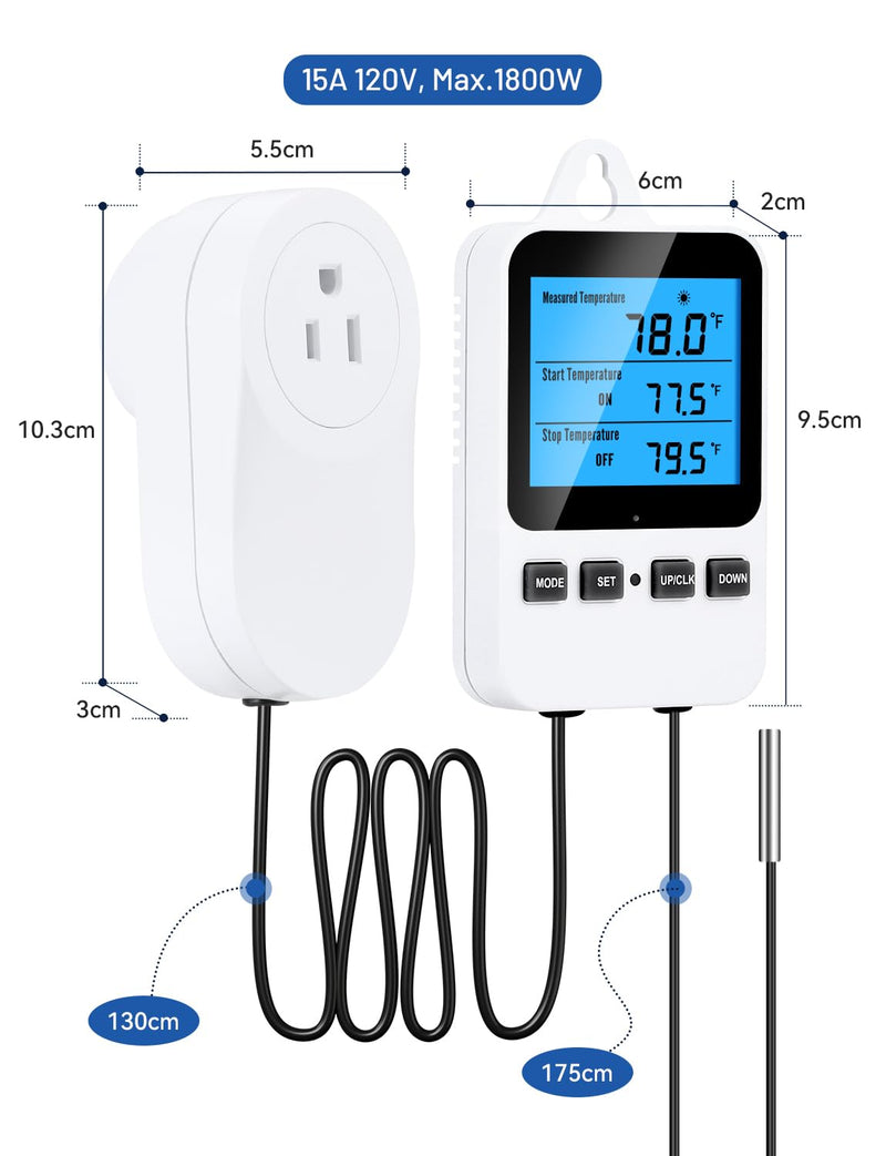 [Australia - AusPower] - INKBIRDPLUS Plug in Thermostat, Separate Thermostat Outlet for Heater with 8.8 Ft Power Cord, for Reptile Greenhouse Homebrew Aquarium Seedling Mat, Heating or Cooling Mode Thermometer Controller Screen-separated Design 