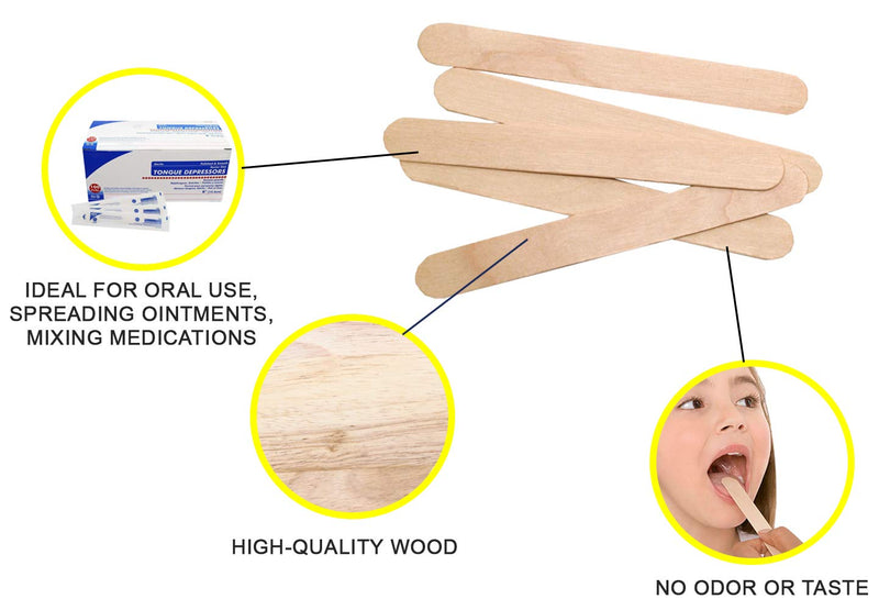 [Australia - AusPower] - Dukal Tongue Depressors 6 inch. Pack of 100 Disposable Depressors for Seniors. Sterile wooden tongue depressors. Clean & Smooth. Latex-free, single use, wood. 