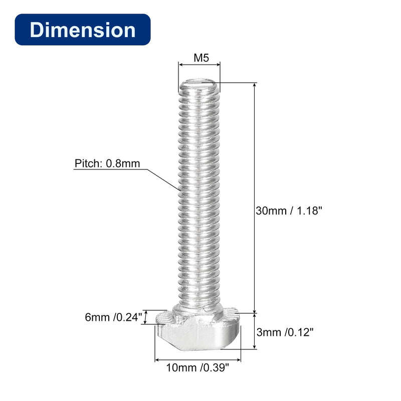 [Australia - AusPower] - uxcell 20Pcs T-Slot Bolts, M5 x 30mm Hammer Head Bolt T Screw Drop-in Stud for 2020 Series T-Slot Aluminum Extrusion Profile, Carbon Steel Nickel Plated, Silver 20 