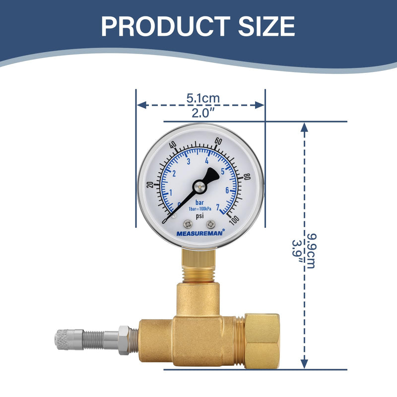 MEASUREMAN Air Over Water Test Regulator with Gauge, 2” Dial, 0-100 PSI, for Household Water Pipe Leak Detection, Includes 1/4” NPT Mount