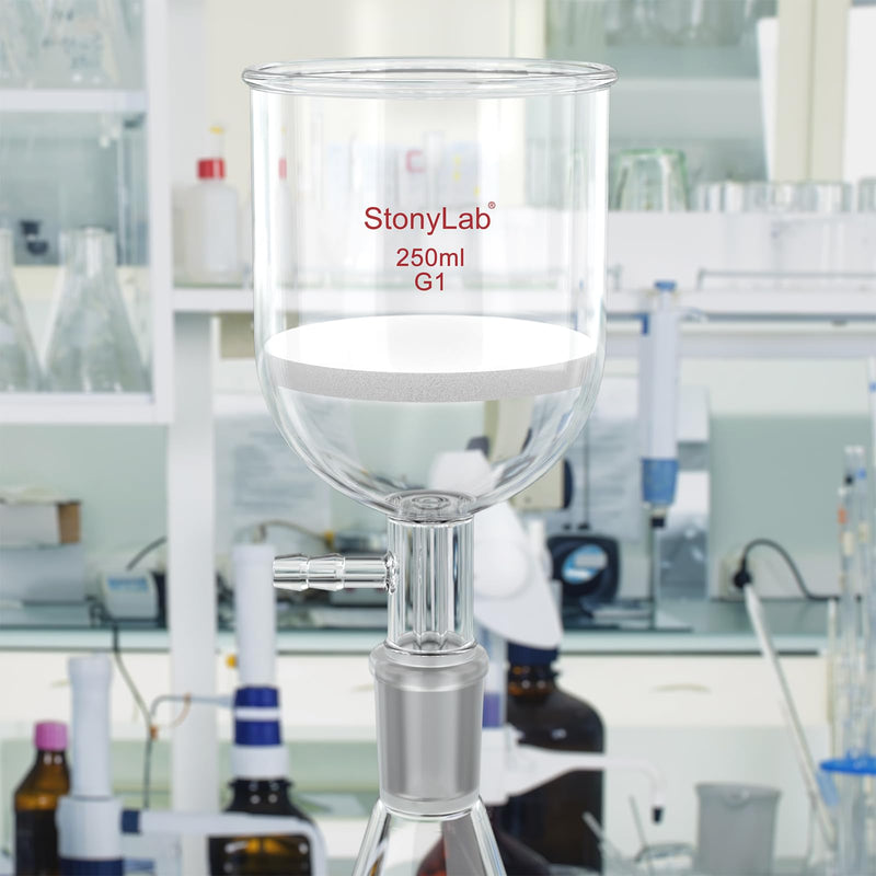 StonyLab Borosilicate Glass Buchner Filtering Funnel with Coarse Frit(G1), 76mm Inner-Diameter, 80mm Depth, with 24/40 Standard Taper Inner Joint and Vacuum Serrated Tubulation (250ml) 250 mL