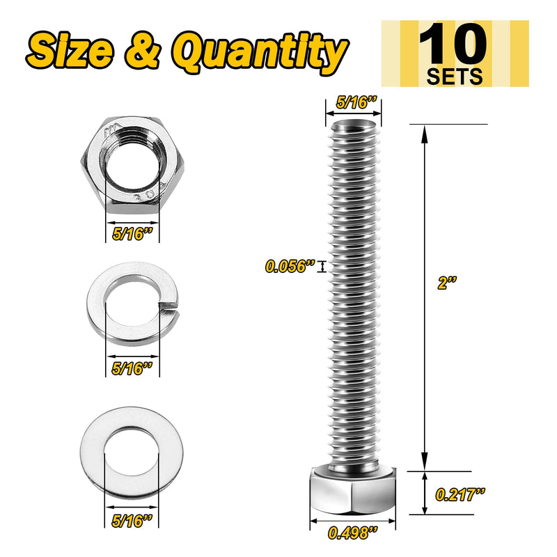 [Australia - AusPower] - (10 Sets) 5/16-18x2" Hex Head Stainless Steel Bolts and Nuts with Flat & Lock Washers, 304 Stainless Steel 18-8, Fully Threaded, 5/16 Bolt (10Sets) 5/16-18x2" 