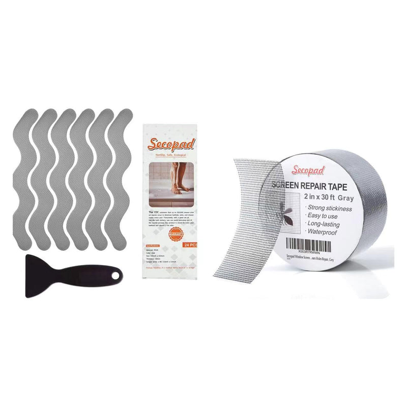 Secopad 24 PCS Grey Patented Anti Slip Shower Stickers and 2 in X 30 FT (360IN) Grey Window Screen Repair Tape