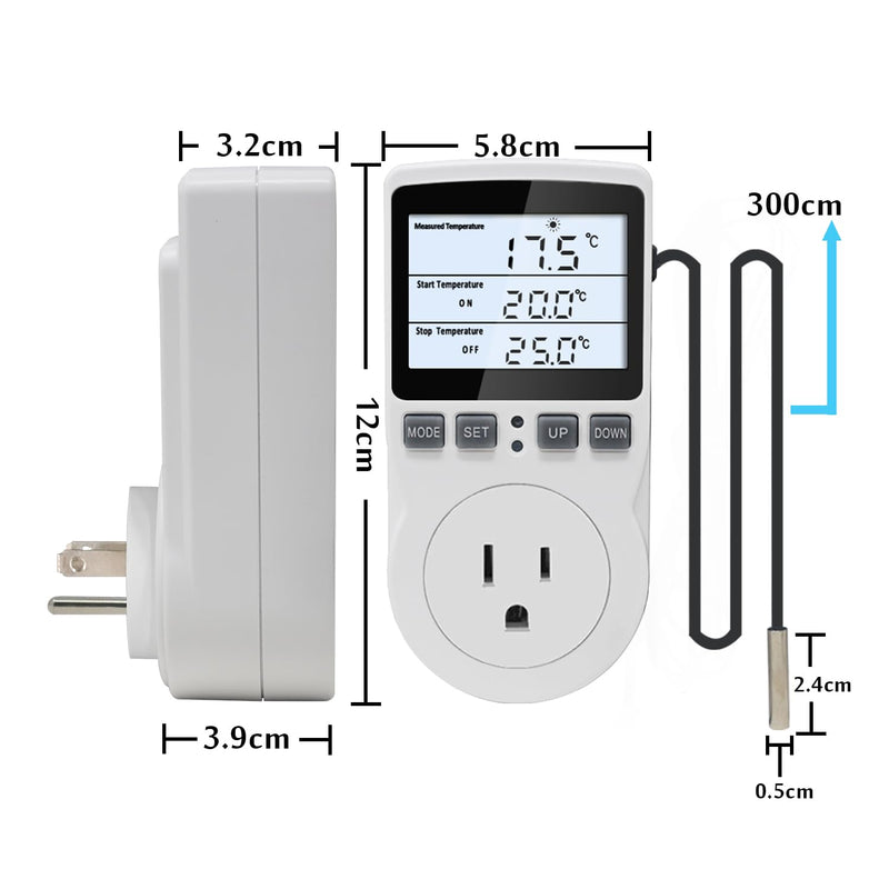 [Australia - AusPower] - Digital Temperature Controller Thermostat Outlet Plug 120V with LCD Backlight, Heating Cooling Temperature Controlled Outlet 110V 15A with 3m Sensor KT3100BL 