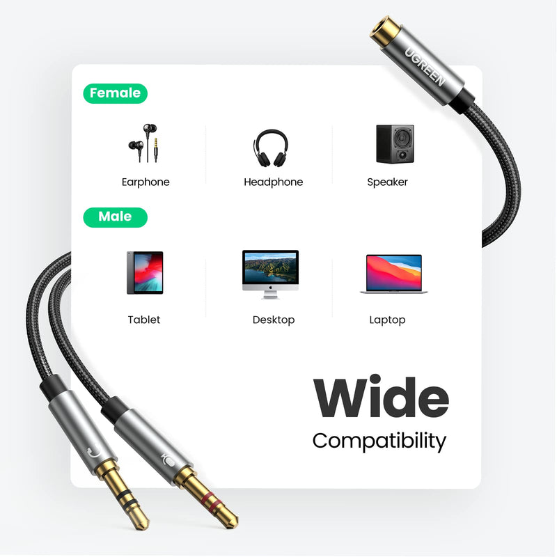 [Australia - AusPower] - UGREEN Headphone Splitter for Computer 3.5mm Female to 2 Dual 3.5mm Male Braided Audio Splitter Cable Microphone Stereo Jack Earphones Port Cord Gaming Headset to PC Laptop Adapter Black 