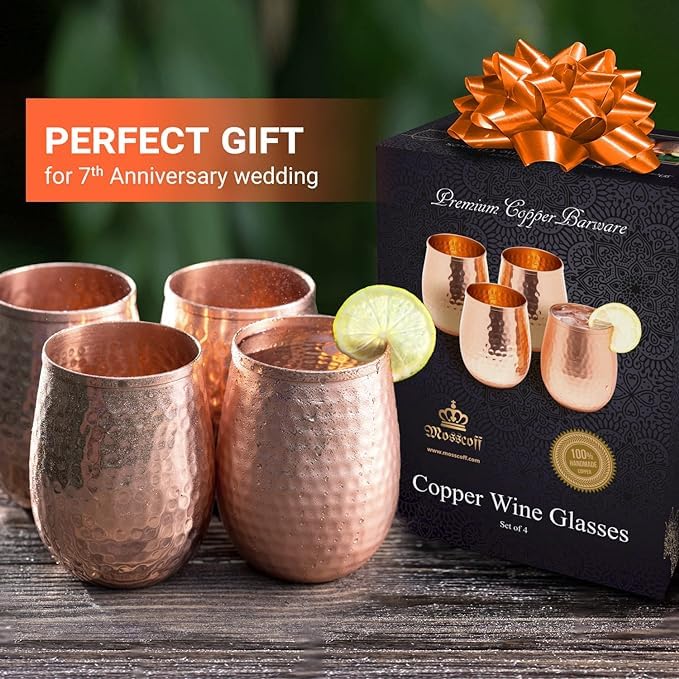 Copper wine glasses set of 4 – 17oz gleaming 100% solid hammered copper stemless wine cups – Valent for men and women – great copper tumblers for red or white wine and Moscow mules.