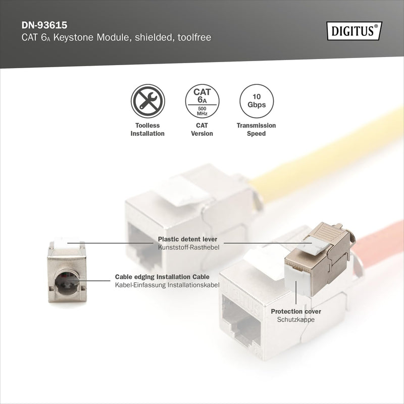 Assmann DN-93615 Digitus Cat 6a Shielded Keystone Module | Tool Free - LSA - PoE++ - AWG 26-22 - RJ45 Female - 10Gbps - For junction boxes and patch panels Standard version 1 pc.