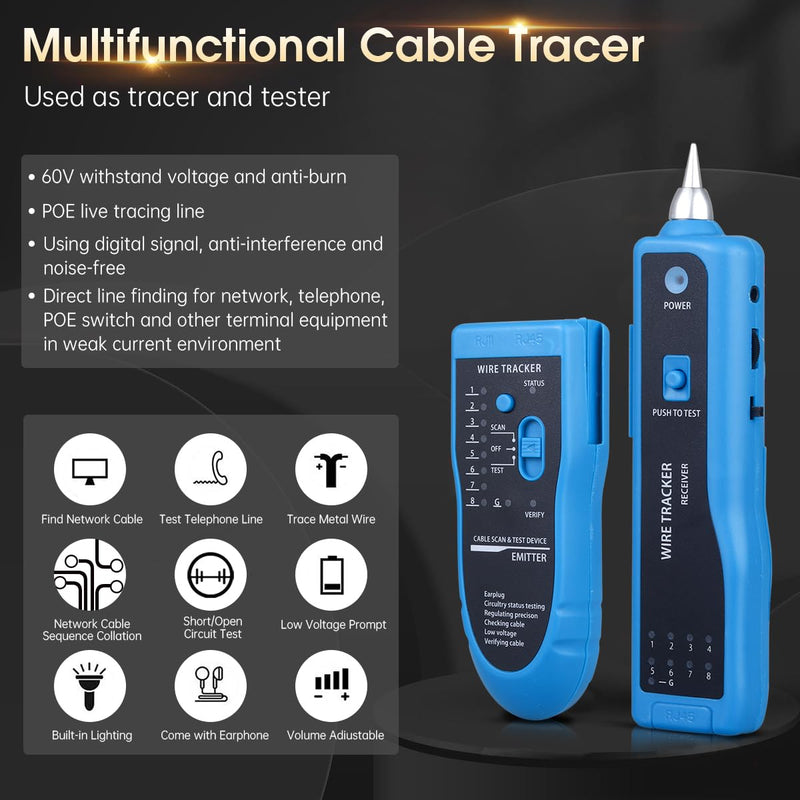 Cable Tracer Ethernet Network Cable Tester RJ45 RJ11 - Wire Toner Tracker CAT5 CAT6 Continuity Tester - Tone Generator and Probe Kit Telephone Line Finder Locator Detector Tool - Blue
