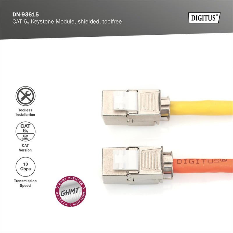 Assmann DN-93615 Digitus Cat 6a Shielded Keystone Module | Tool Free - LSA - PoE++ - AWG 26-22 - RJ45 Female - 10Gbps - For junction boxes and patch panels Standard version 1 pc.