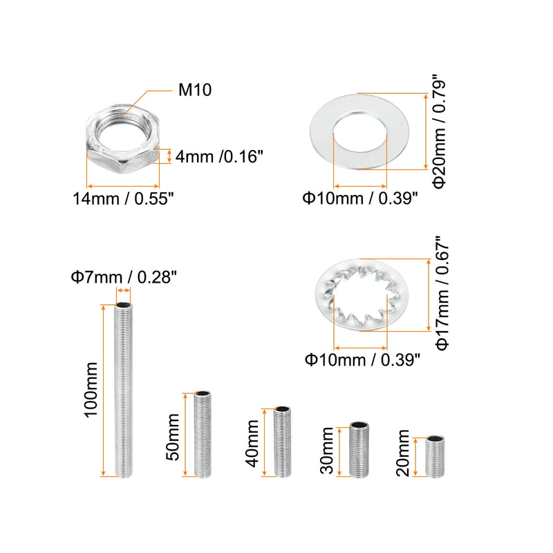 [Australia - AusPower] - PATIKIL M10 Thread 5 Size Lamp Pipe Kit with Lock Nuts Washers, 5 Set Fasteners Assortment Hardware for Chandelier Ceiling Light DIY, Zinc Plating 