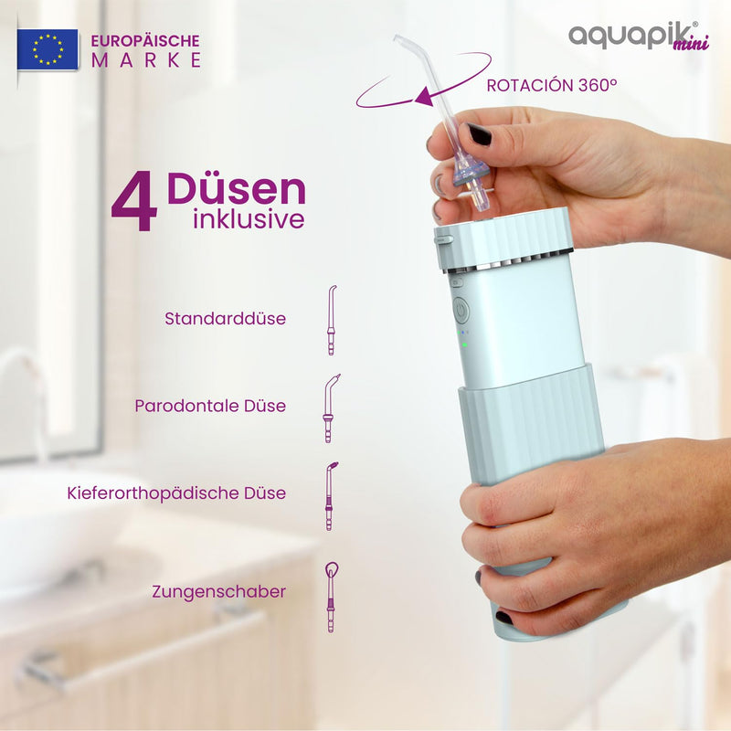 [Australia - AusPower] - Wireless Portable Oral Irrigator | Aquapik® Mini | Portable Water Flosser, IPX7 Waterproof, 1200 Pulses/min (40-140 PSI), 21 Days Battery (1100mAh), 4 Nozzles (Implants & Braces) (Blue) Blue tragbar 