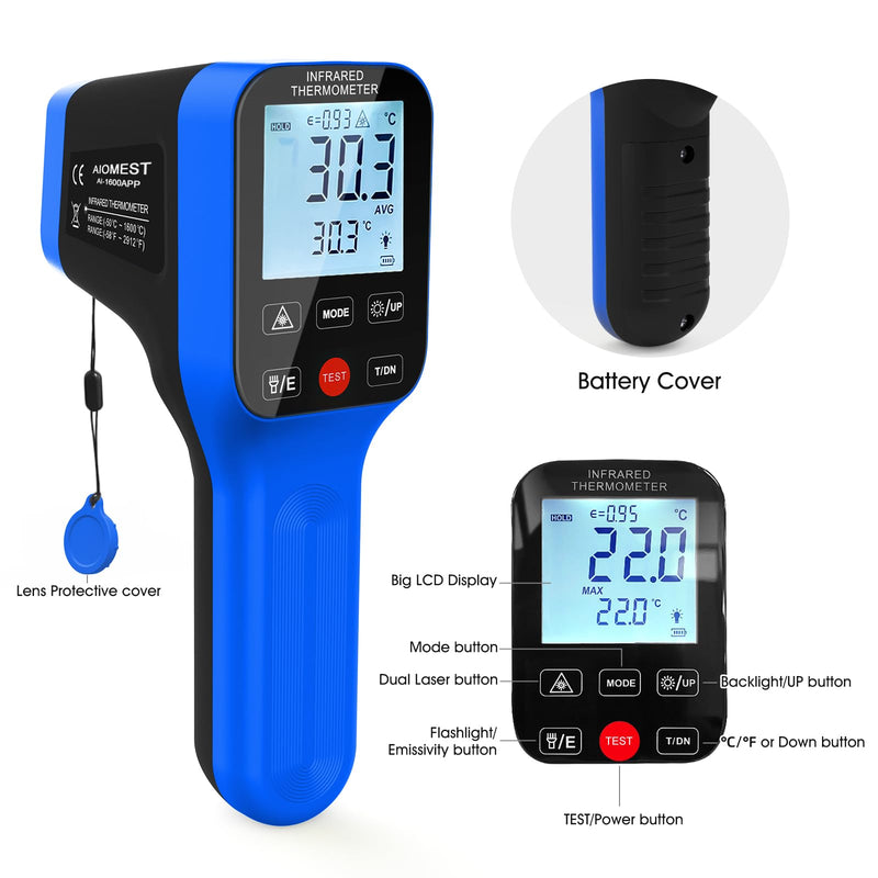 [Australia - AusPower] - AIOMEST Pyrometer AI-1600APP, -58℉~2912℉ High Temp Thermometer Gun D:S=30:1 Dual Laser Industrial ir Thermometer Gun w/Touch Buttons, Rechargeable Can be Connected to Phone APP (NOT for Human Temp) 
