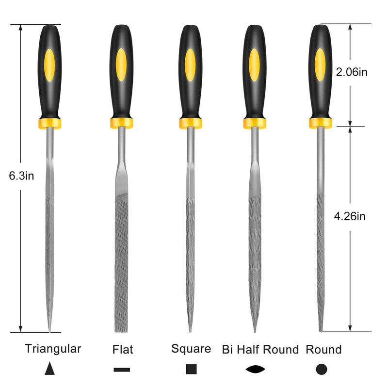 [Australia - AusPower] - Mini Metal Needle File Set, 5pcs, Small Hand Files Set for Detail and Precise Work, Hardened Alloy Strength Steel File Tools Includes Round, Bi Half-Round, Flat, Square, Triangular File 