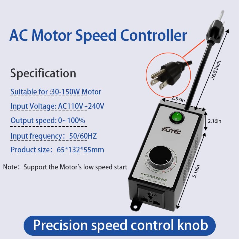 AC Motor Speed Controller Single Phase 110V/220V Vibration Motor Governor Supports Low Speed Start for 30W-120W Moto