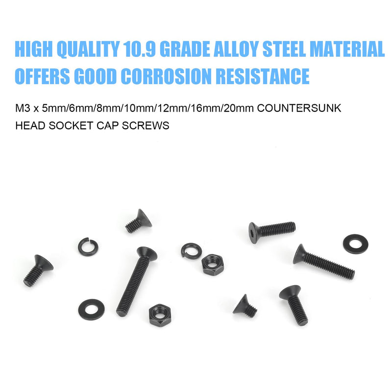 [Australia - AusPower] - 566 Pieces M3 Black Screws, 10.9 Grade Alloy Steel M3x 5/6 /8/10 /12/16 /20mm Countersunk Head Socket Cap Screws Bolts Nuts Washers Assortment Kit 