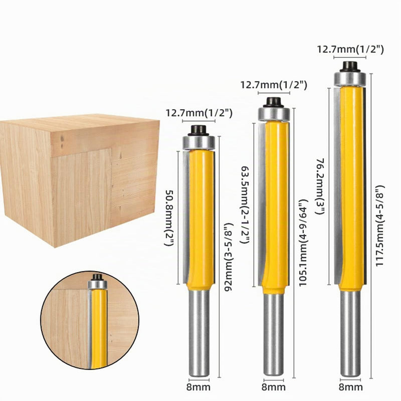 BIGP 3-Piece 8 mm Shank Flush Cutter Set, Top with Ball Bearing Flush Drill, Extra Long, Straight Cutter, Cutting Blade for Woodworking