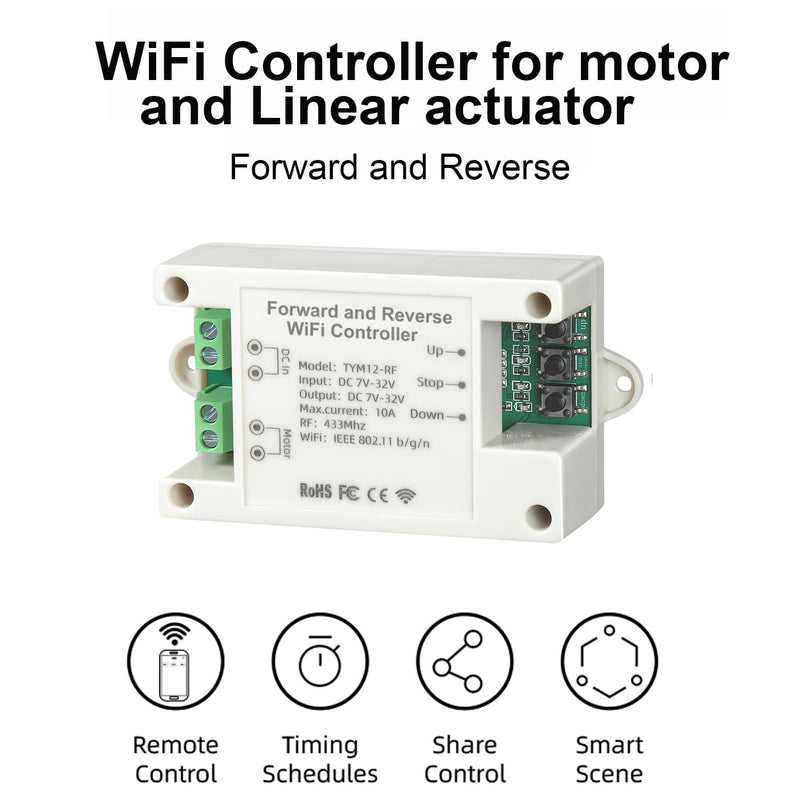 [Australia - AusPower] - WiFi Smart Linear Actuator Controller 10A Relay with Timer, Wireless Dual Control (Tuya WiFi+RF Remote) for 12V 24V 32V DC Motor, Forward and Reverse Switch & Schedule (White) White 