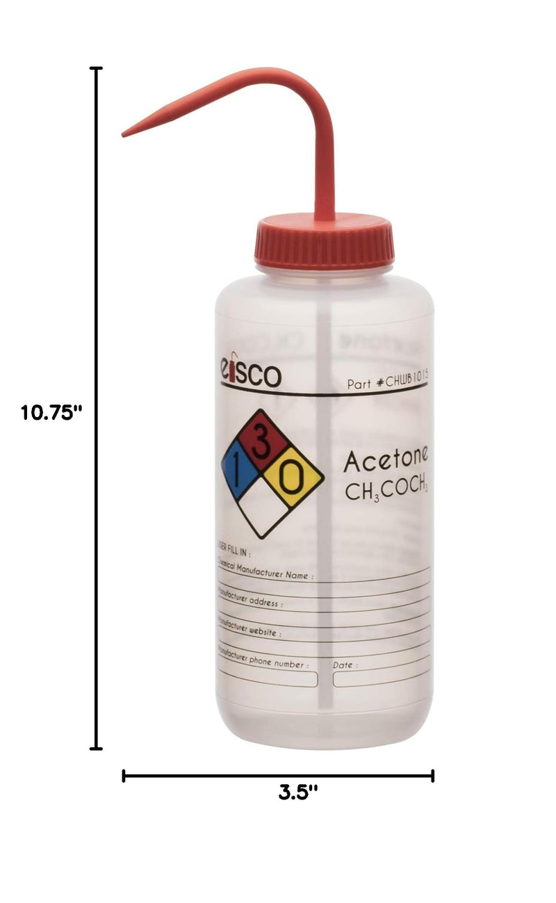 EISCO - Acetone Wash Bottle, 500mL, Low Density Polyethylene, Self-Venting, Color-Coded Chemical & Safety Label, Wide Mouth, Leak-Proof Cap with Nozzle, Laboratory Dispensing Bottle, Red Cap 1