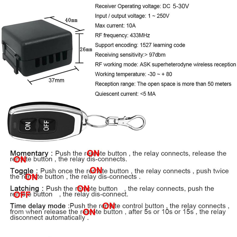 Gebildet 433MHz Universal Remote Control Switch Wireless DC 5-30V 1 Channel Relay Receiver Module RF Transmitter Momentary Toggle Latch for Gate Open Door LED Pump Car (Transmitter 1 Button+1 Receiver 1Channel) 5-30 VDC