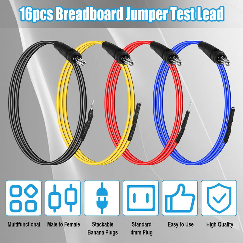 [Australia - AusPower] - Banana Plug Jumper Wires Kit, 16pcs 4mm Stackable Breadboard Jumper Test Lead, Male to Female, Universal Breakout Test Leads for Electrical Testing 