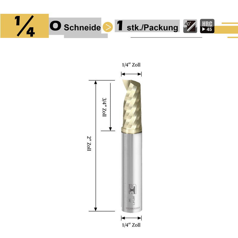 [Australia - AusPower] - SPEED TIGER Solid Carbide CNC Spiral O Single Flute End Mill - IAP1/4"Diameter 1/4"Shank 2"OVL(1 Piece, 1/4") - for Aluminum, Wood, Plastic, Brass, Copper Cutting – Mill Bits Sets for Professionals 1/4 in 