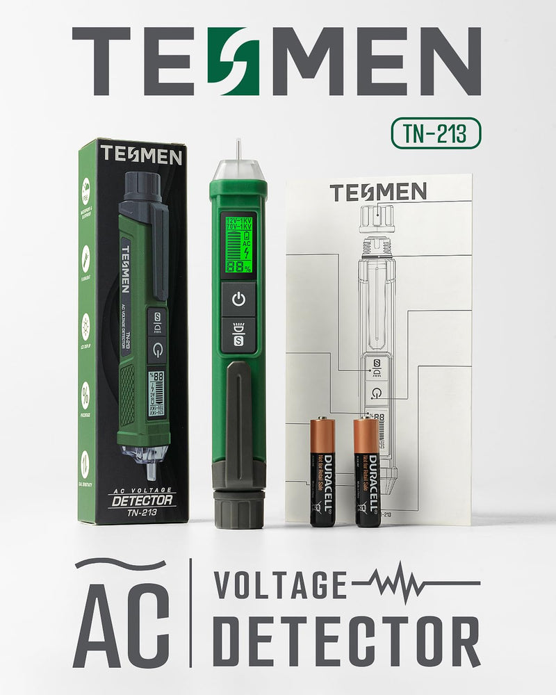 [Australia - AusPower] - Voltage Tester, TESMEN TN-213 Non-Contact Voltage Tester, Electrical Tester, AC 12V-/70V-1000V, Dual-Range, LCD Display in Percentage, Buzzer Alarm, Live Wire Tester, Wire Breakpoint Finder - Green 