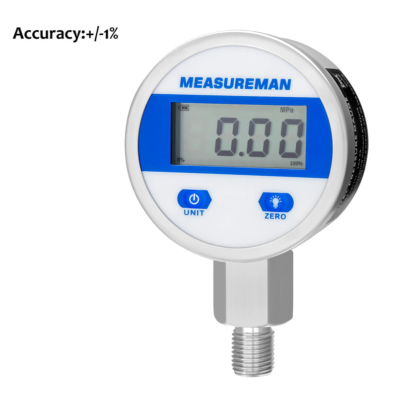 [Australia - AusPower] - MEASUREMAN 2-1/2" dial, Digital Hydraulic Industrial Pressure Gauge with 1/4" NPT Lower Mount, Stainless Steel case and Connection, 200psi/14bar, 1%,Battery Powered, with LED Light 2-1/2" Dial, 0-200psi 1% 