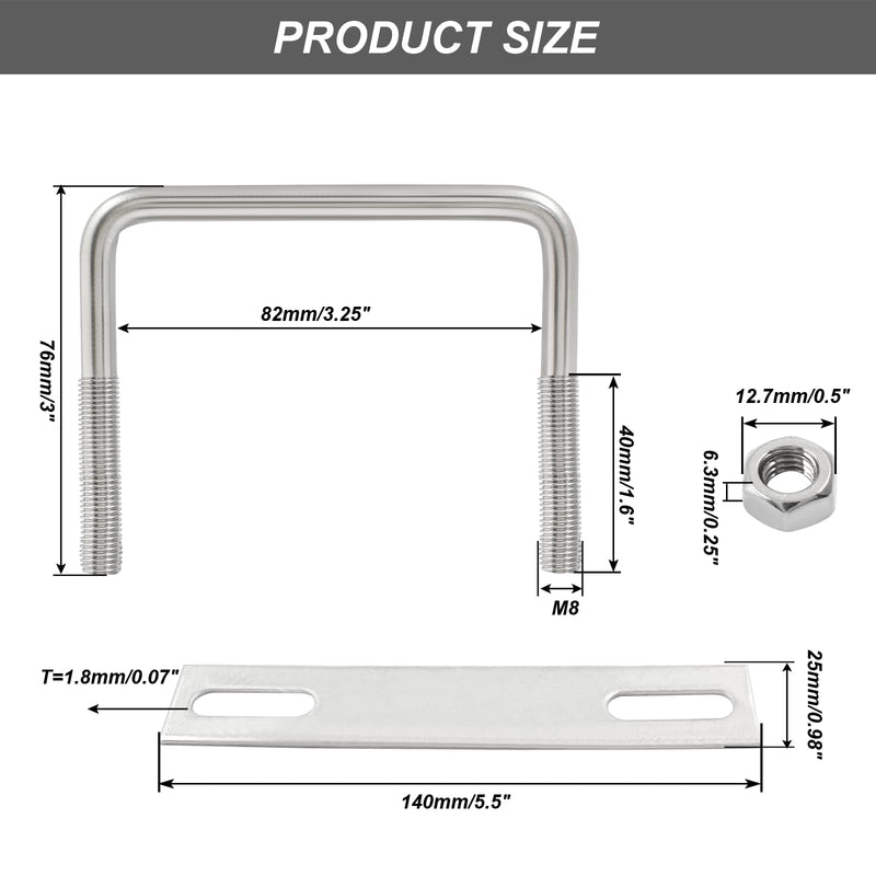 [Australia - AusPower] - 4 Sets 304 Stainless Steel Square U-Bolts, M8 x 82 x 75mm (Thread x Inner Width x Length) Tie Down U Bolt Clamp with Nuts and Plates for Automobiles Trailer Boat Trailer M8x82x75mm 4 