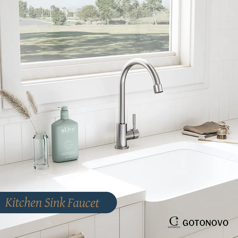 gotonovo Stainless Steel Cold Water Kitchen Sink Faucet Brushed Nickel Bathroom Single Handle Bar Faucet Faucet Single Temperature Water Only Silver Rotatable Elbow